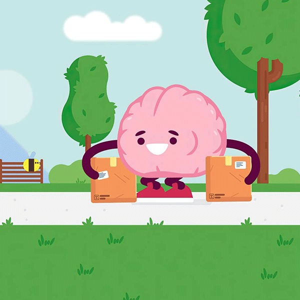 Una colorida ilustración de un personaje cerebral rosa en un parque con una caja de cartón en cada brazo
